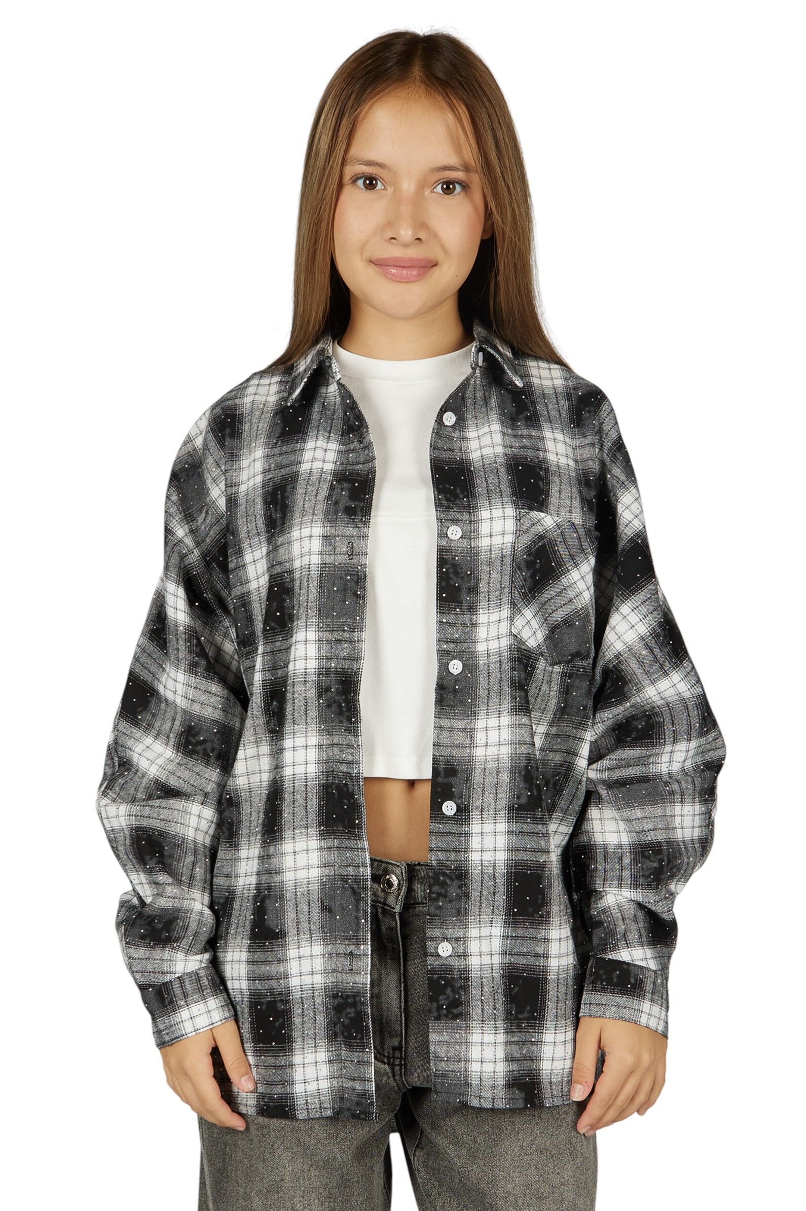 Рубашка дев. АРТ.G-SH26028,чер-бел,хл-пэ